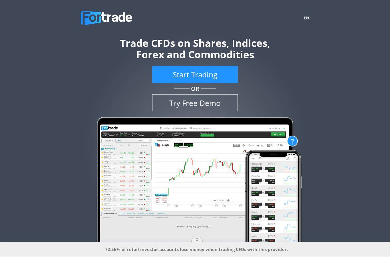 The platform page on the Fortrade website
